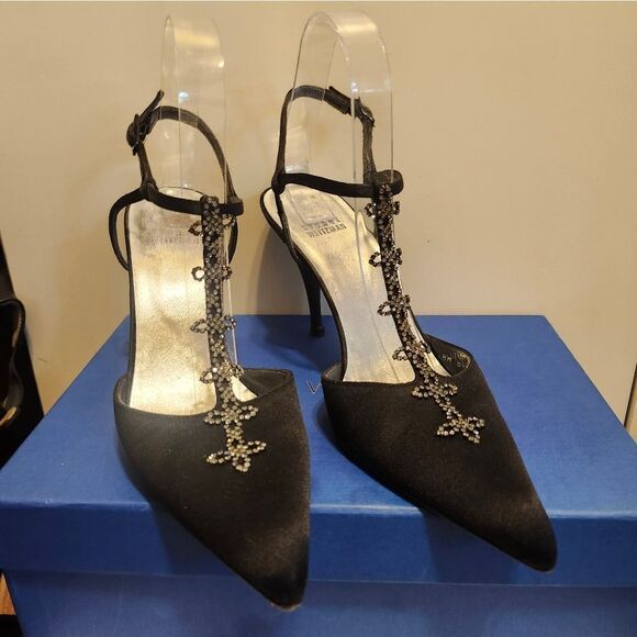 (image for) Stuart Weitzman Black Satin Crystal Rhinestone Jeweled T-strap Pumps Sz.8 $425